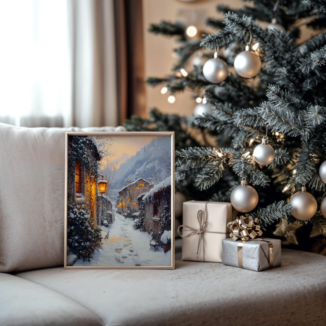 Snowy Village Lane At Dusk With Glowing Lamp Winter Scene Poster - Image 5