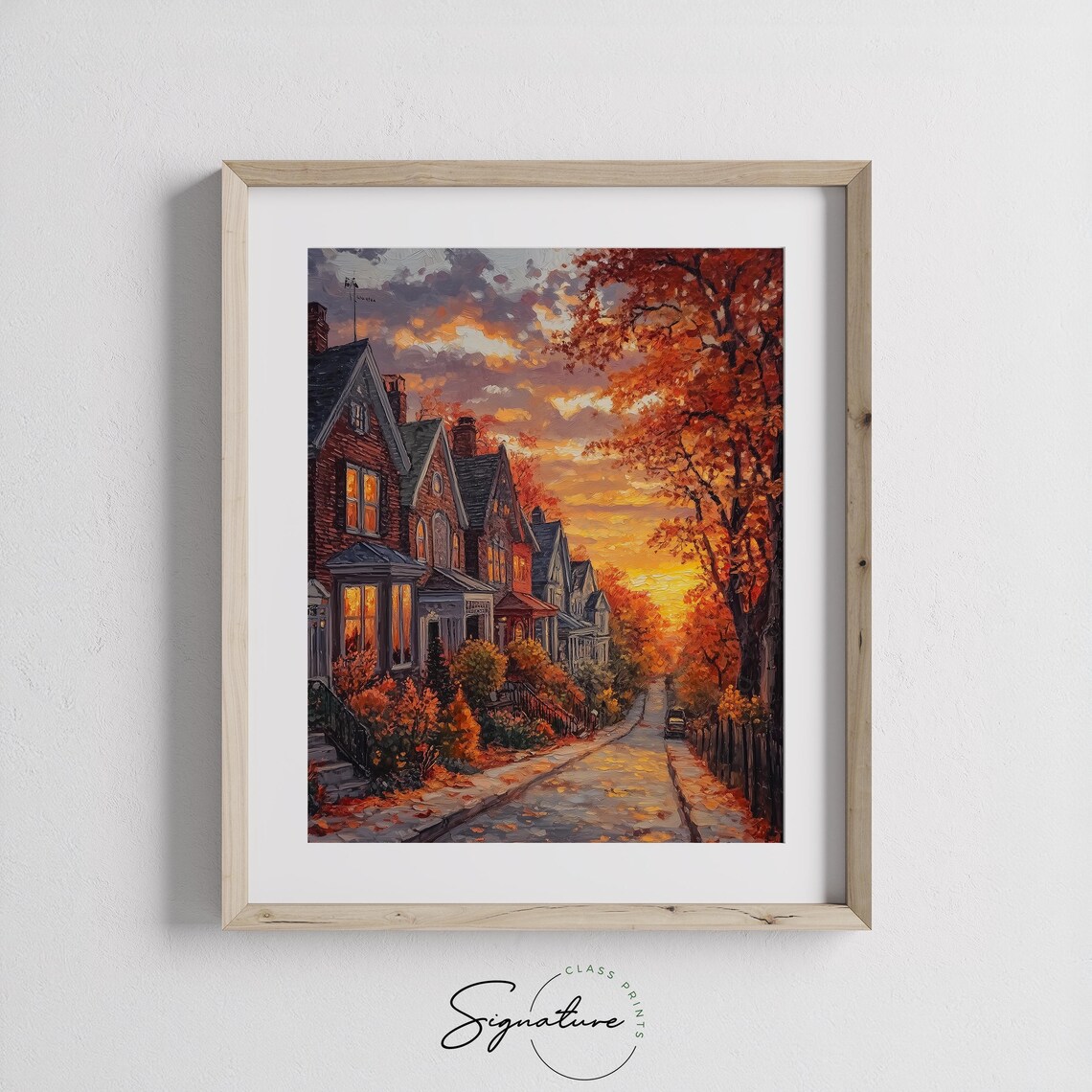 Brick Rowhouses Glowing at Dusk on a Cozy Autumn Street Poster - Image 3