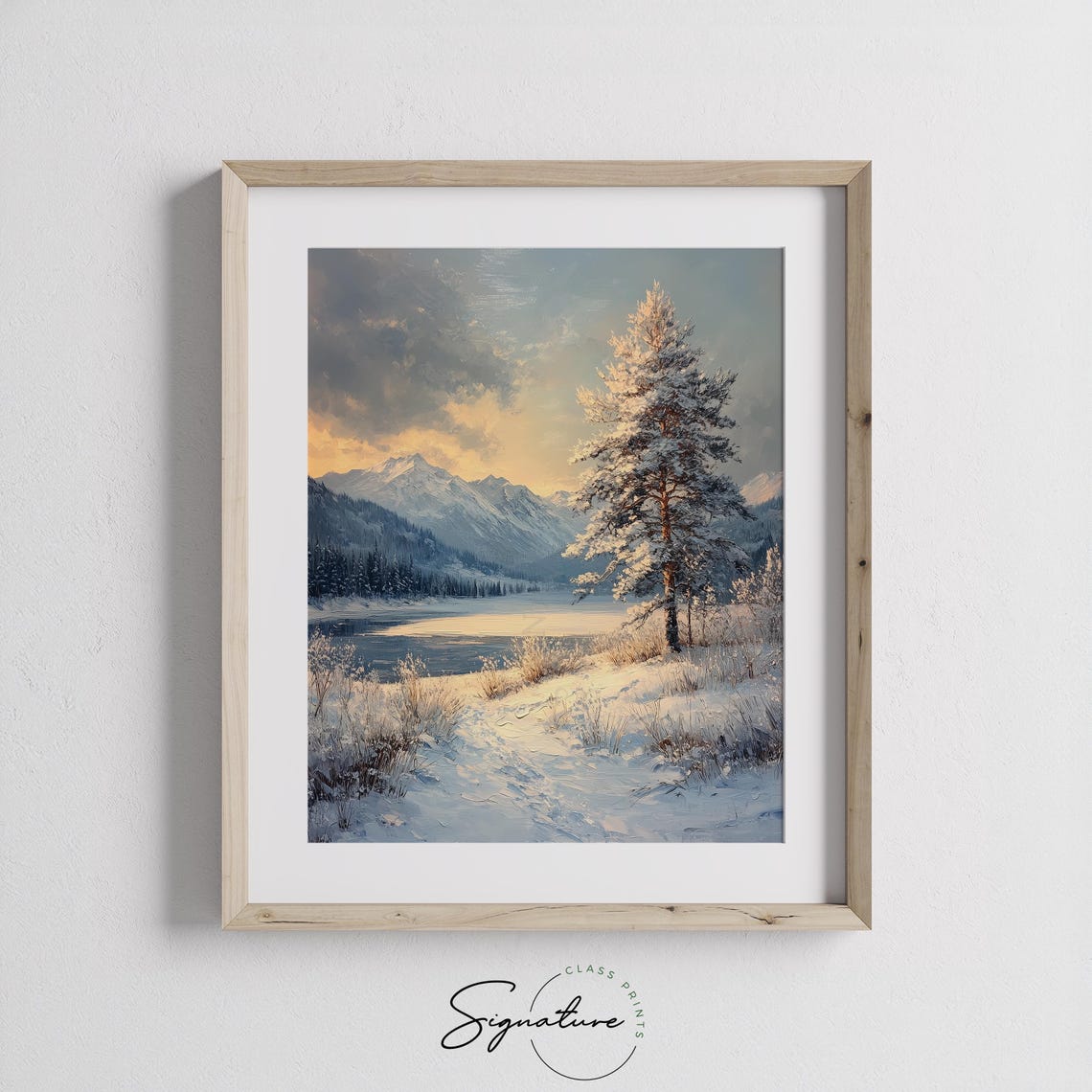 Snowy Pine By A Frozen Lake With Mountain Sunset Glow Poster - Image 2