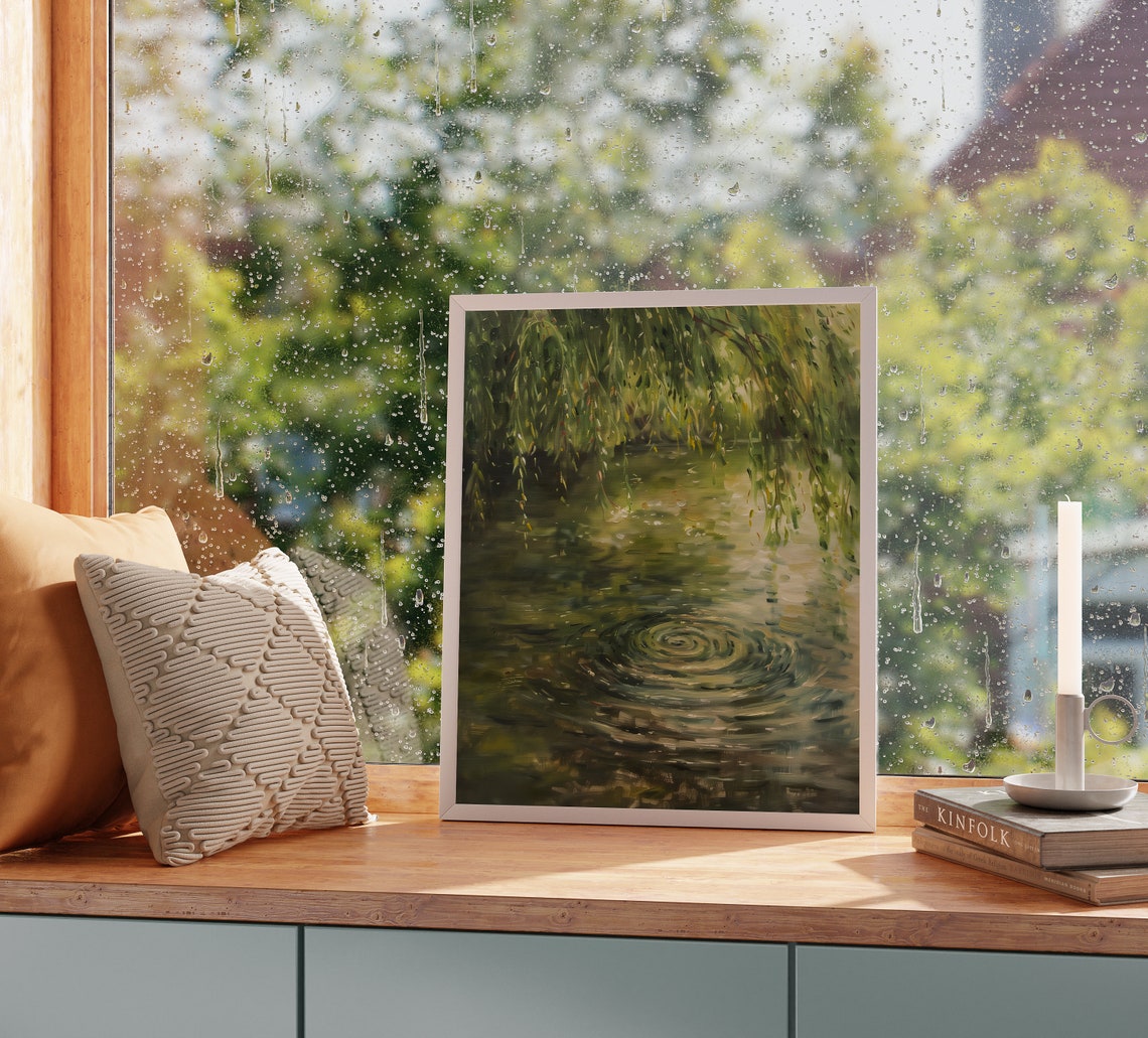 Green Willow Branches Sweeping Over Rippling Pond Water Art Poster - Image 2