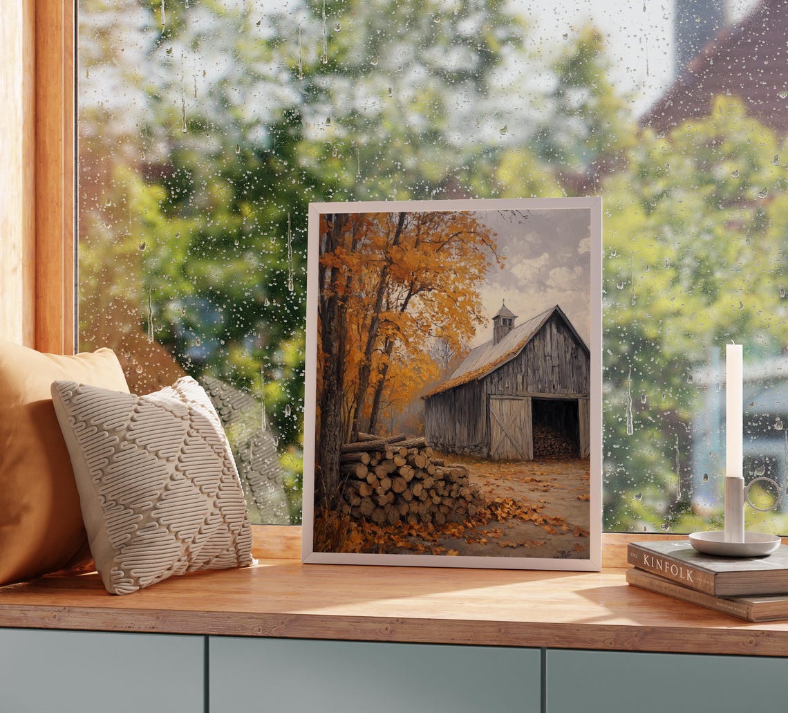 Weathered Barn with Firewood Stack Under Orange Maple Trees Poster - Image 2