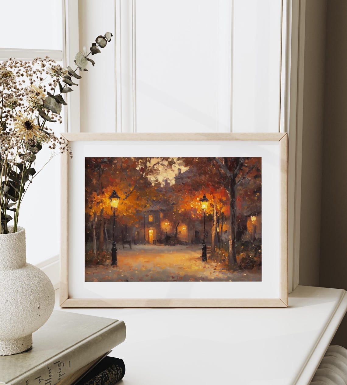 Cozy Autumn Town Square Dusk Lamp Lit Streets Moody Fall Art Poster - Image 6