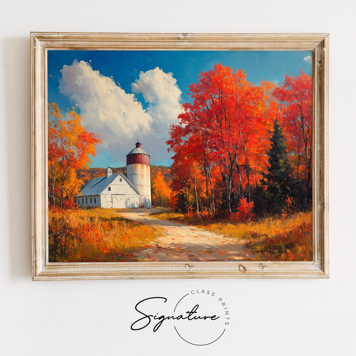 White Barn And Silo Among Blazing Red Trees Under Blue Sky Poster