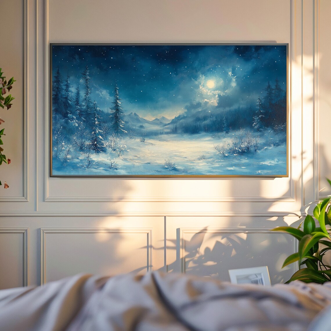 Moonlit Winter Valley With Snowy Pines And Distant Peaks Night Art Poster - Image 4