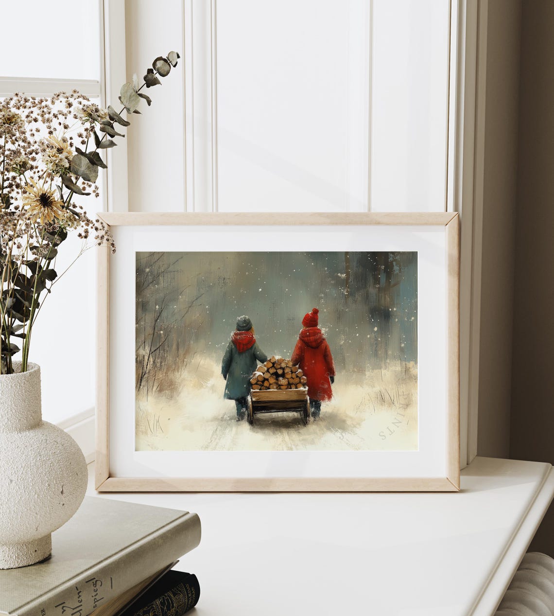 Children Pulling Firewood Cart Through Snowy Woods Scene Poster - Image 6