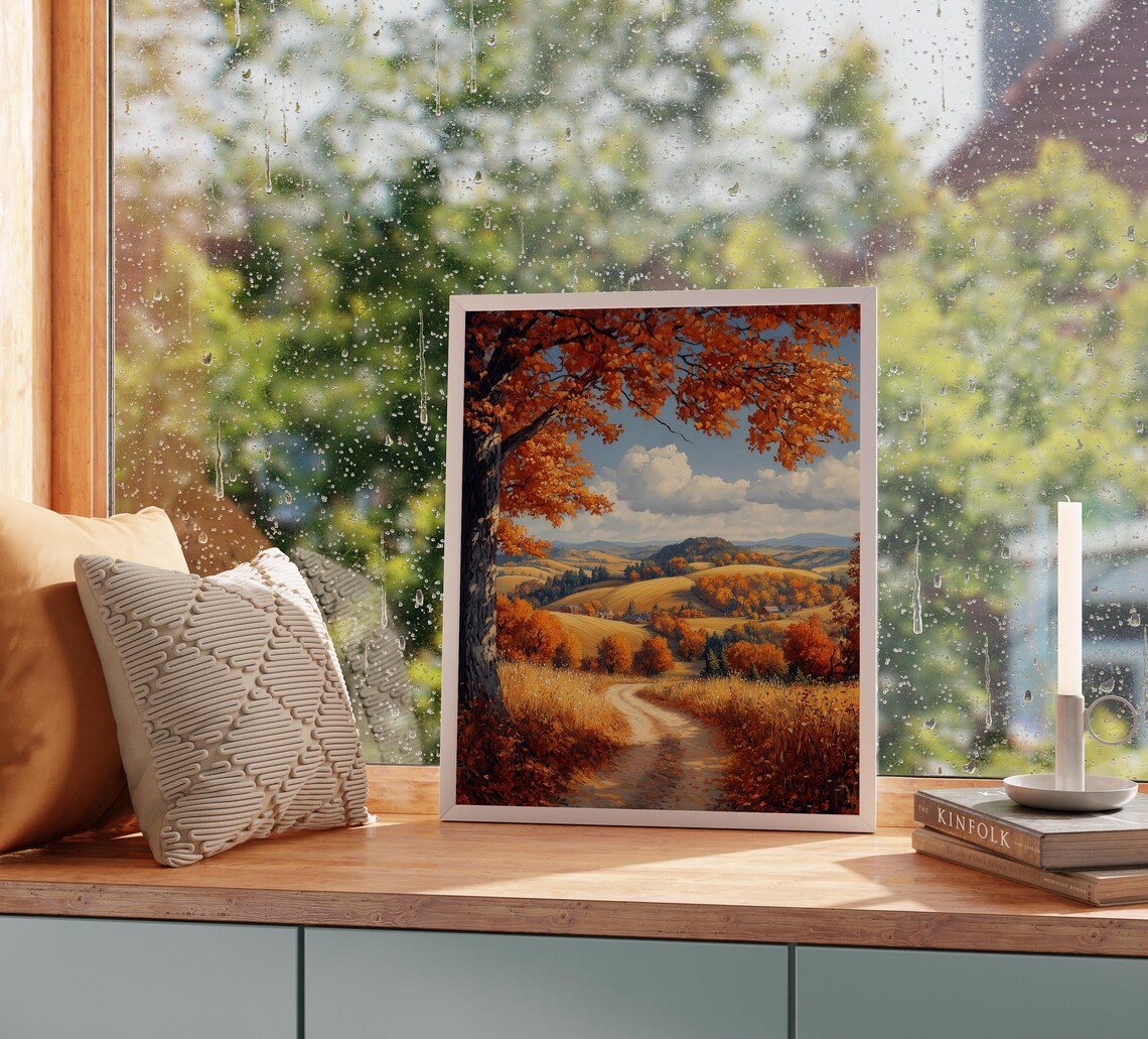 Autumn Hills Landscape With Big Maple Tree Overlooking Rolling Valley Wall Art - Image 2