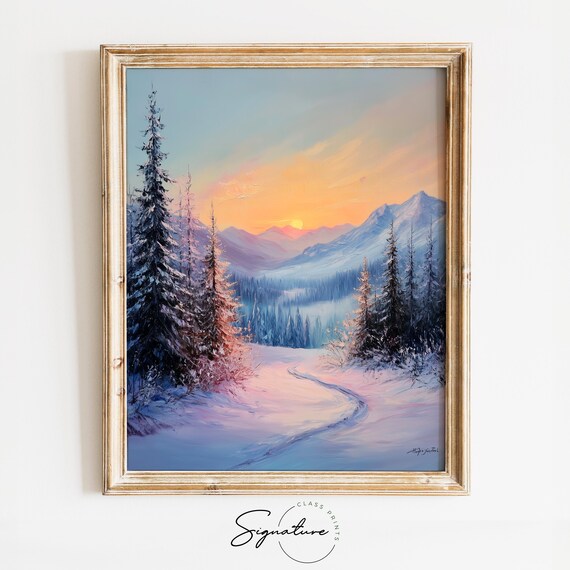 Beautiful Sunrise Over Snowy Mountain Path Winter Landscape Poster