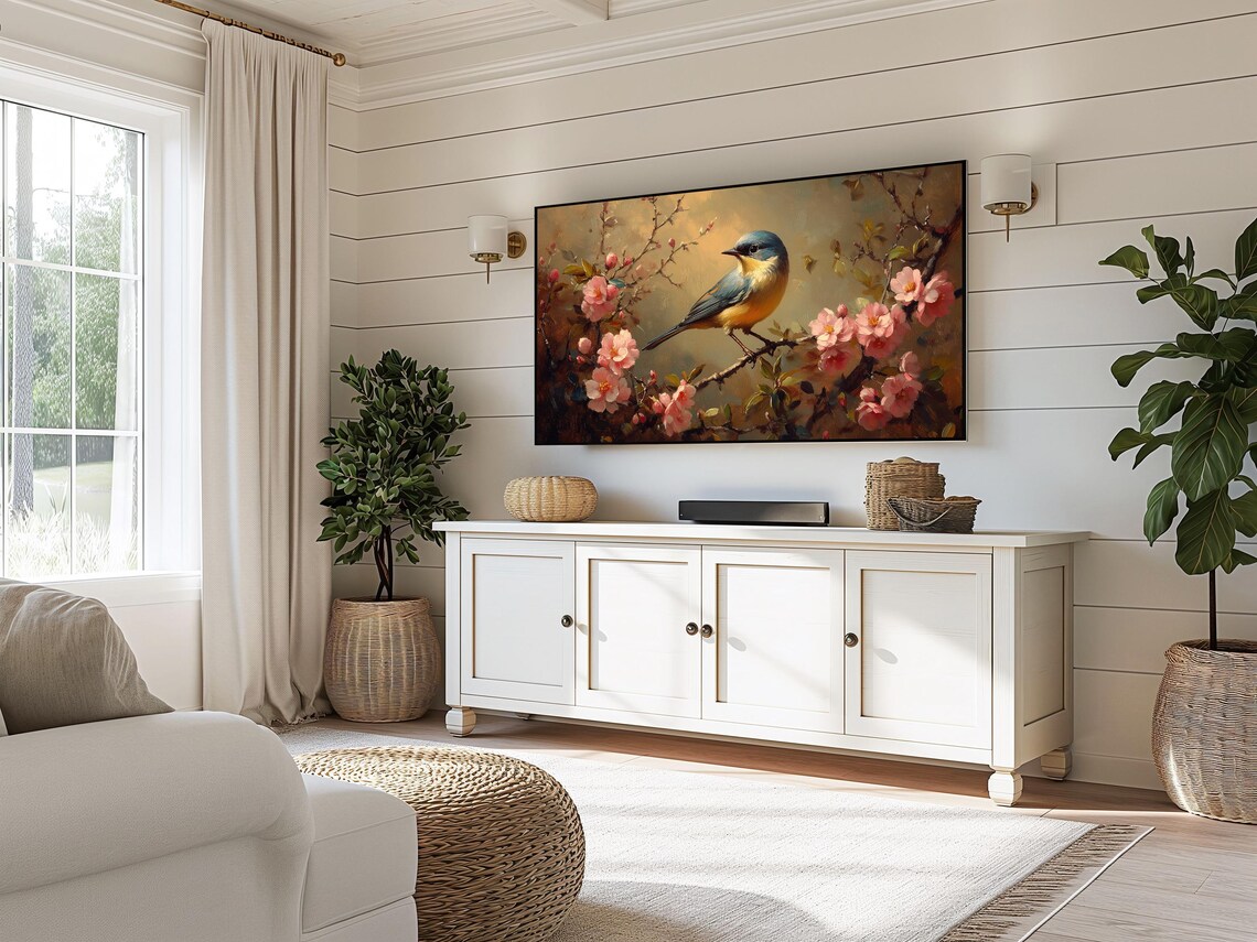 Finch Pink Azalea Blossoms Spring Bird Golden Tones Blossom Branch Poster - Image 3