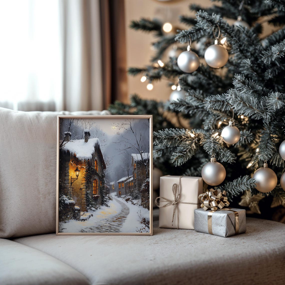 Snowy Stone Cottage Lane at Dusk with Glowing Lantern Poster - Image 5