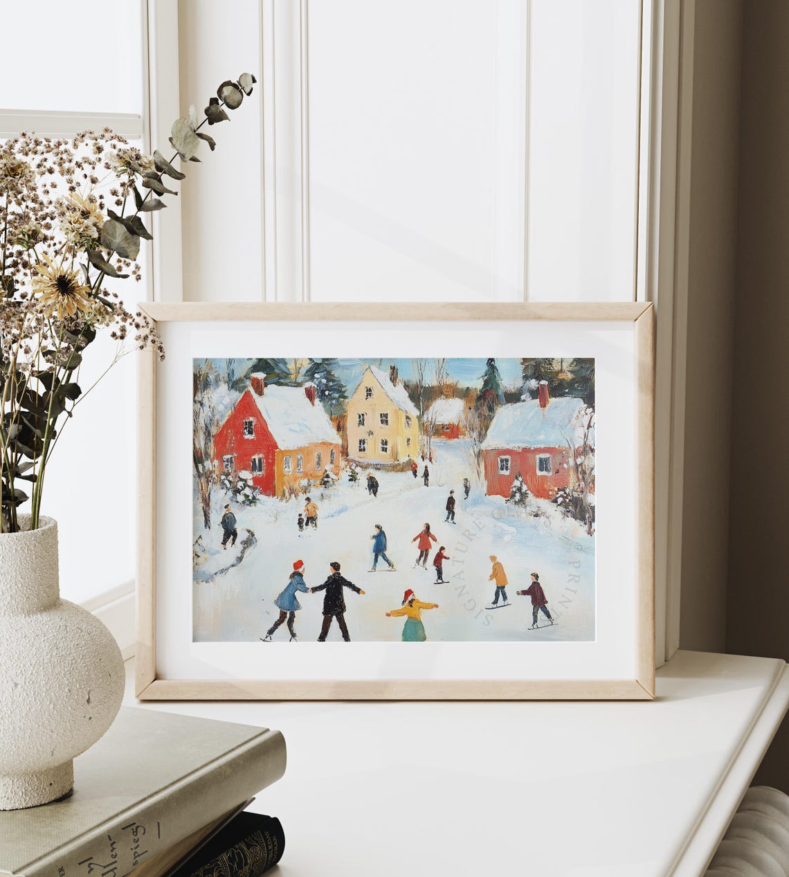 Village Ice Skaters On A Snowy Pond Impressionist Winter Art Poster - Image 6