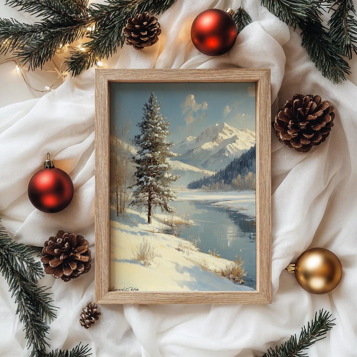 Lone Snowy Pine by Calm River with Mountains Winter Day Poster - Image 4