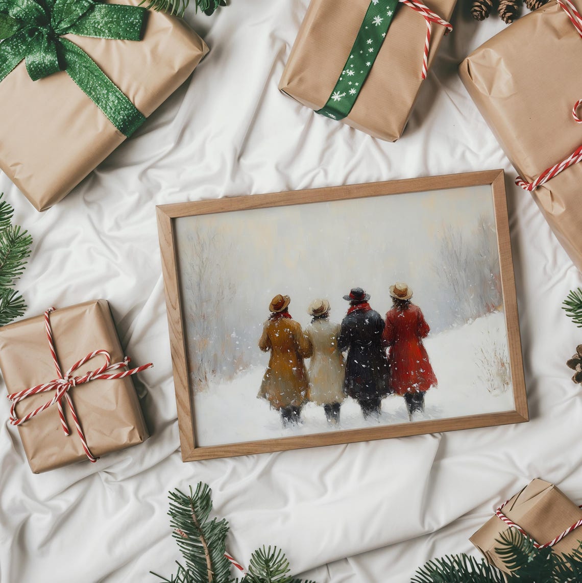 Four Friends Walking Through Snow in Impressionist Winter Art Poster - Image 2