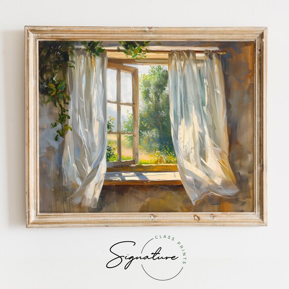 Rustic Window With Sheer Curtains Morning Garden Light Poster