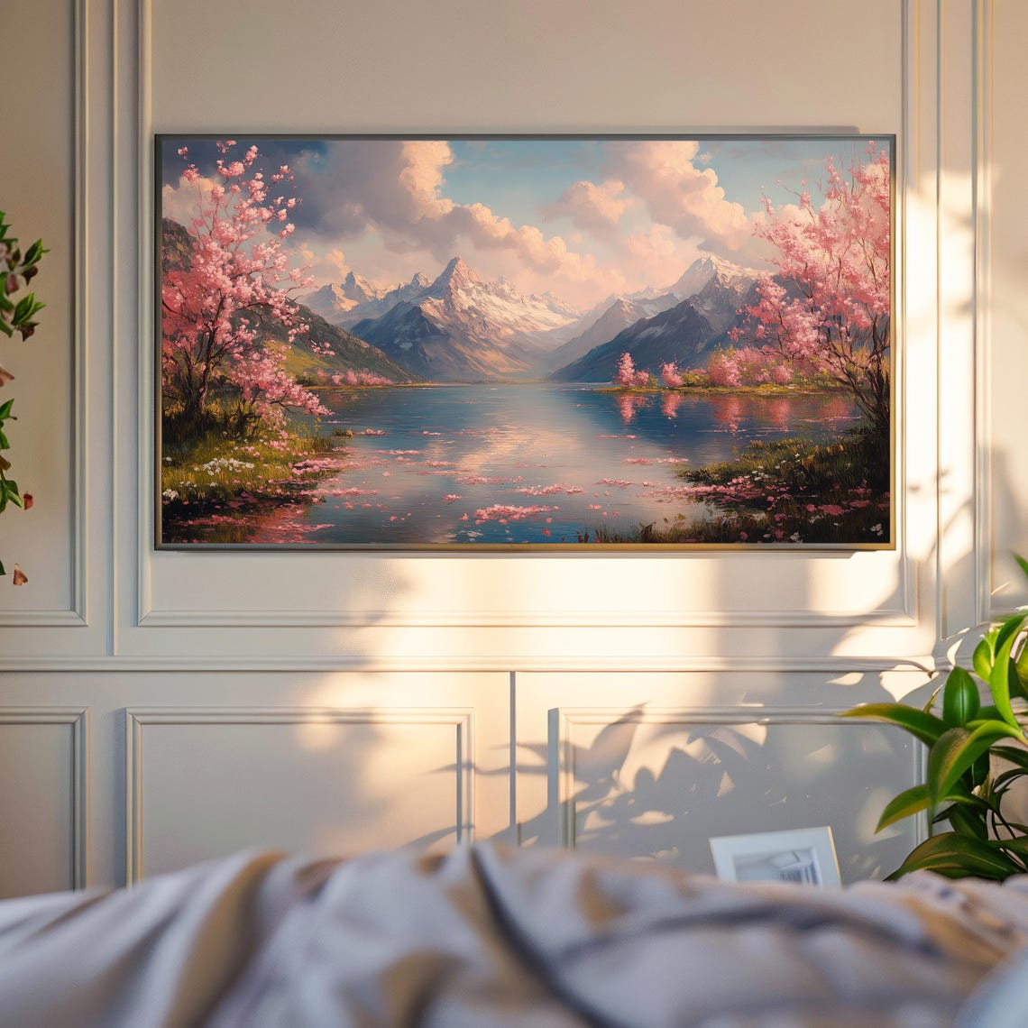 Cherry Blossoms Over Alpine Lake With Snowy Peaks Frame TV Wall Art - Image 6