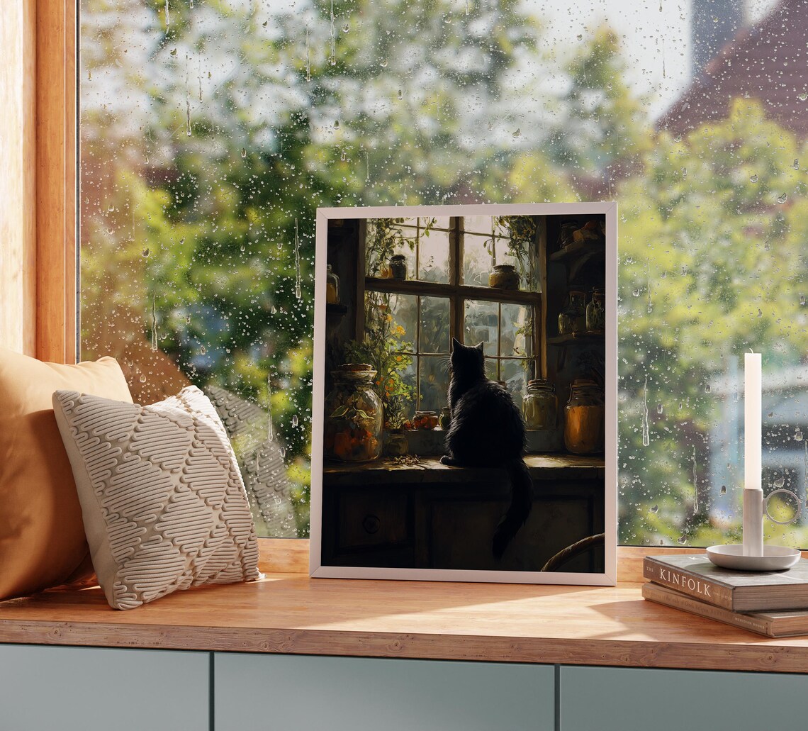 Black Cat Kitchen Windowsill Warm Light Rustic Potions Herbs Art Poster - Image 2
