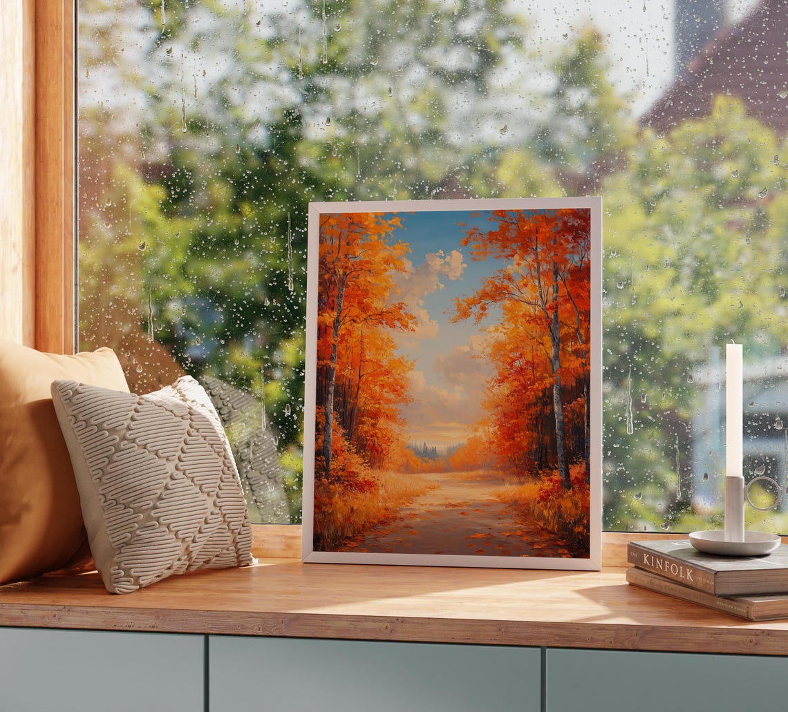 Autumn Birch Road Fiery Foliage Blue Sky Country Drive Poster - Image 2