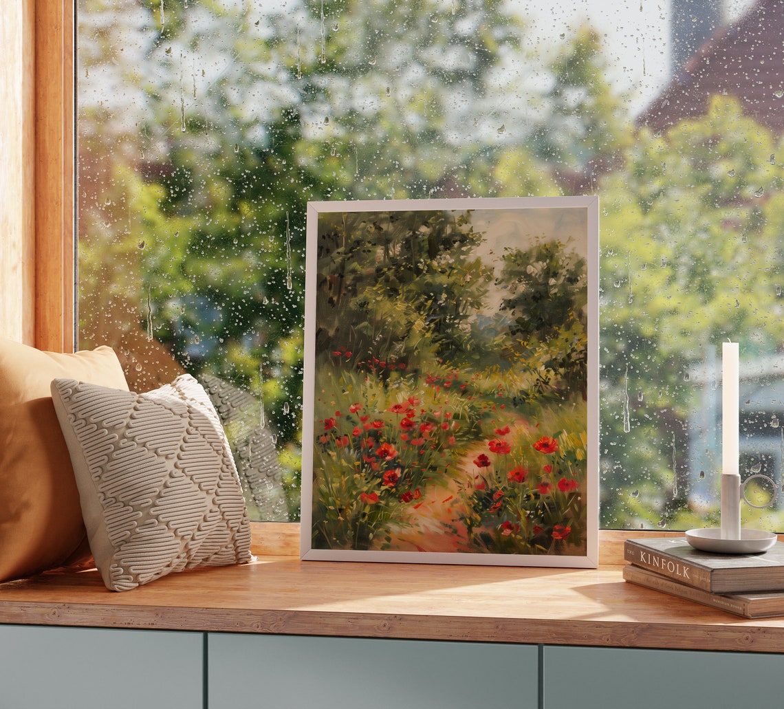 Poppy Field Vivid Green Meadow Sunny Summer Impressionist Poster - Image 2