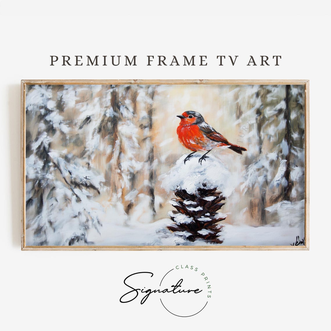 European Robin on Snowy Pinecone Golden Winter Forest Poster