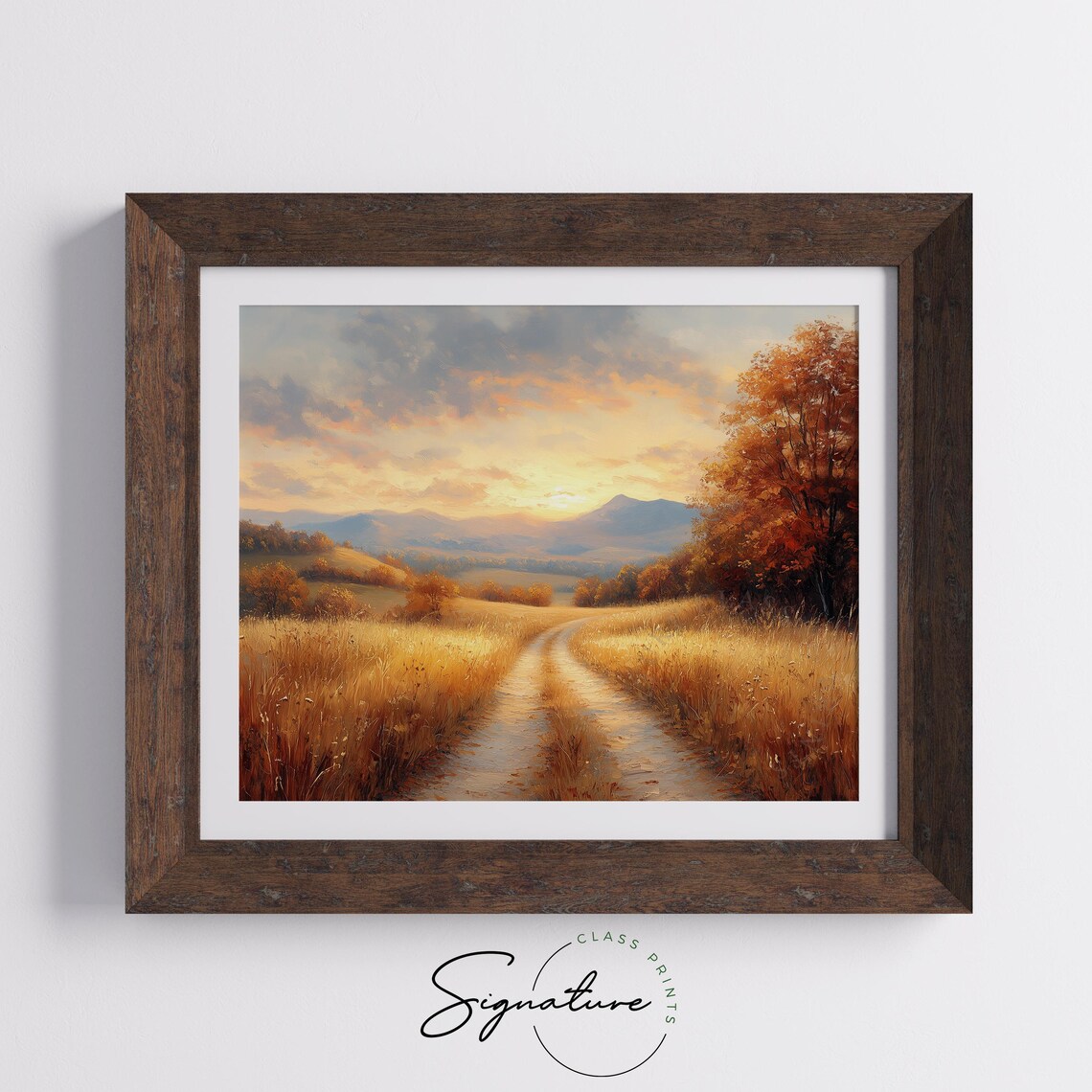 Golden Fields Dirt Road Sunset Mountain Horizon Painting Print - Image 5