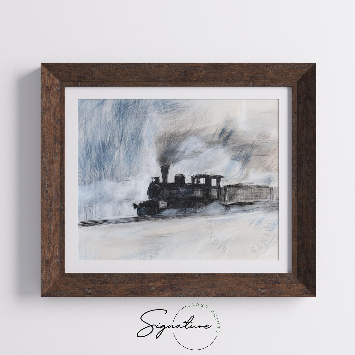 Steam Locomotive Crossing Snowy Landscape In Sketch Style Poster - Image 5