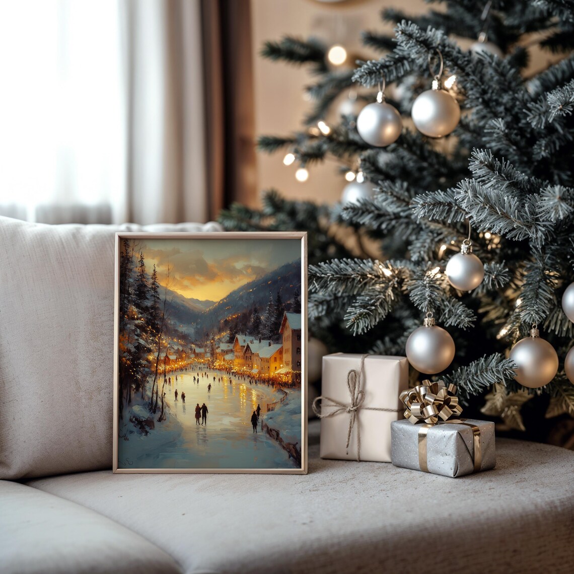 Frozen Lake at Sunset with Ice Skaters in Snowy Village Scene Poster - Image 5