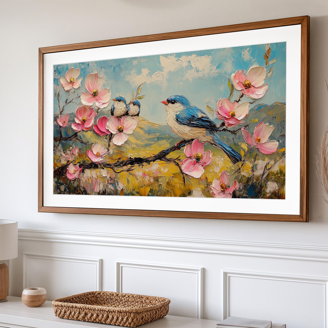Bluebird Family On Pink Dogwood Branch Sunny Meadow View Poster - Image 2