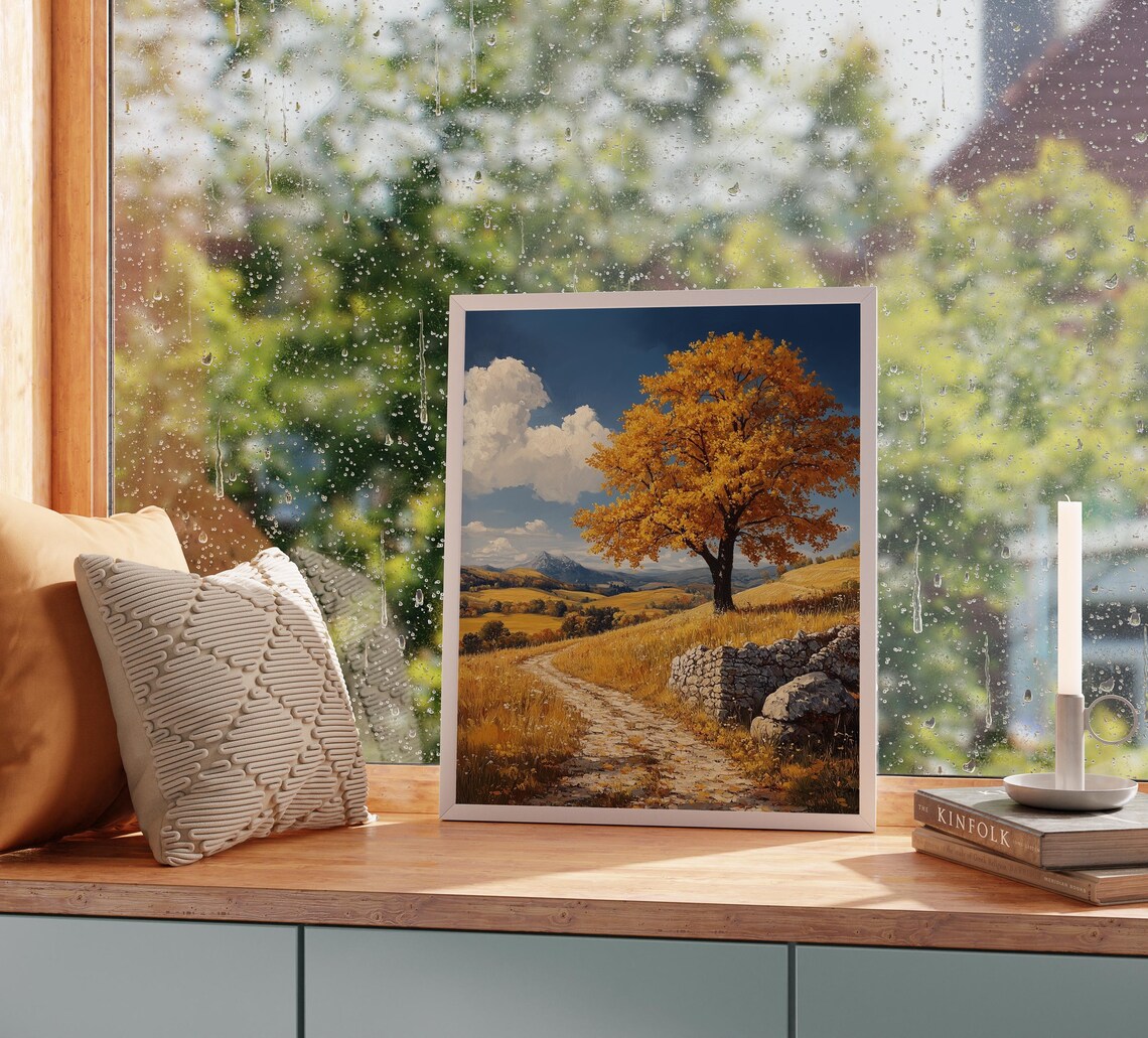 Golden Autumn Tree Lone Hillside Path Mountain View Oil Art Poster - Image 2