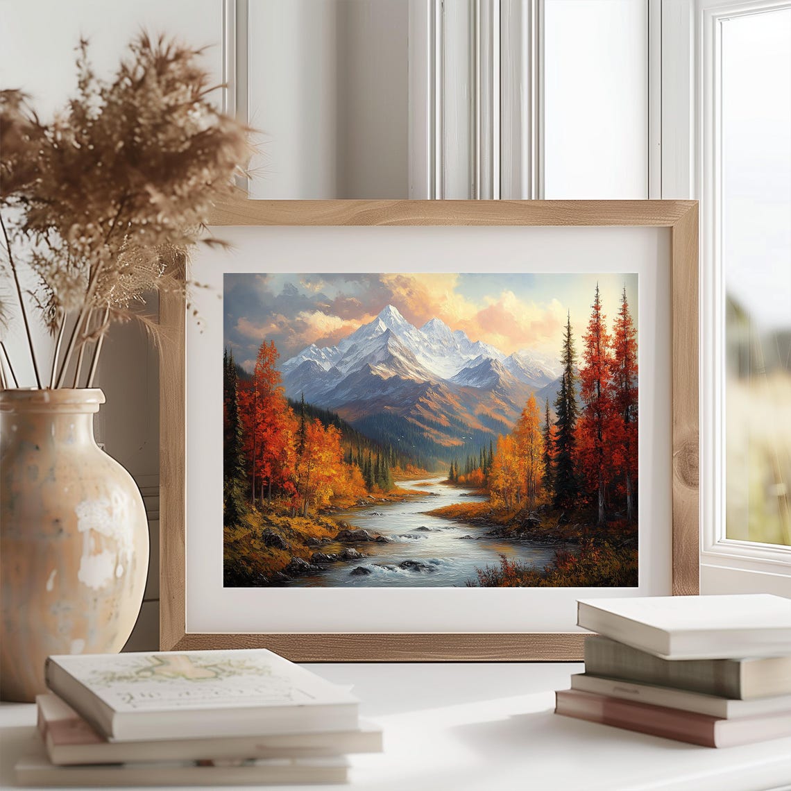 Autumn Mountain River Valley Snow Peaks Oil Painting Landscape Poster - Image 2