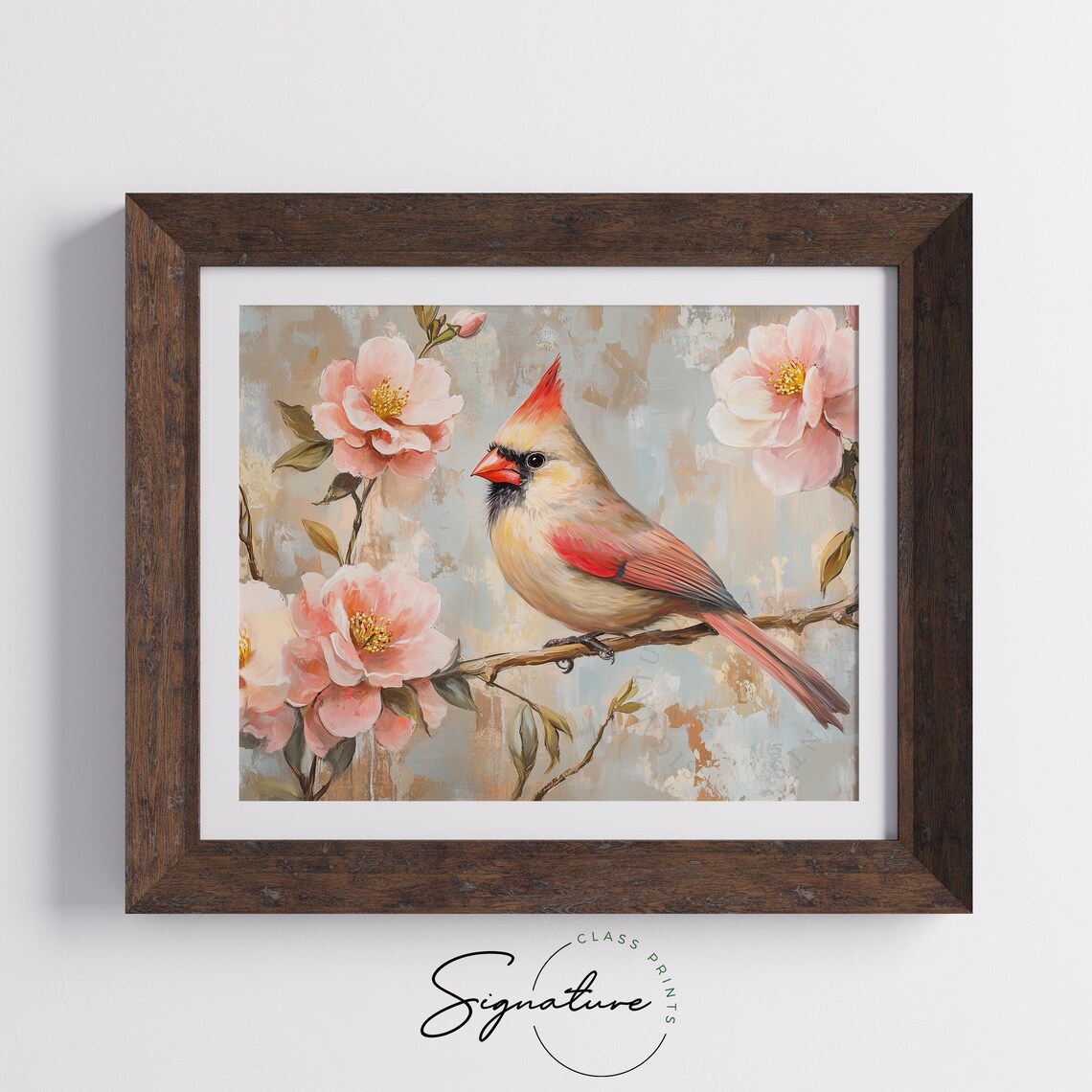 Female Northern Cardinal Among Pink Camellia Blossoms Poster - Image 3
