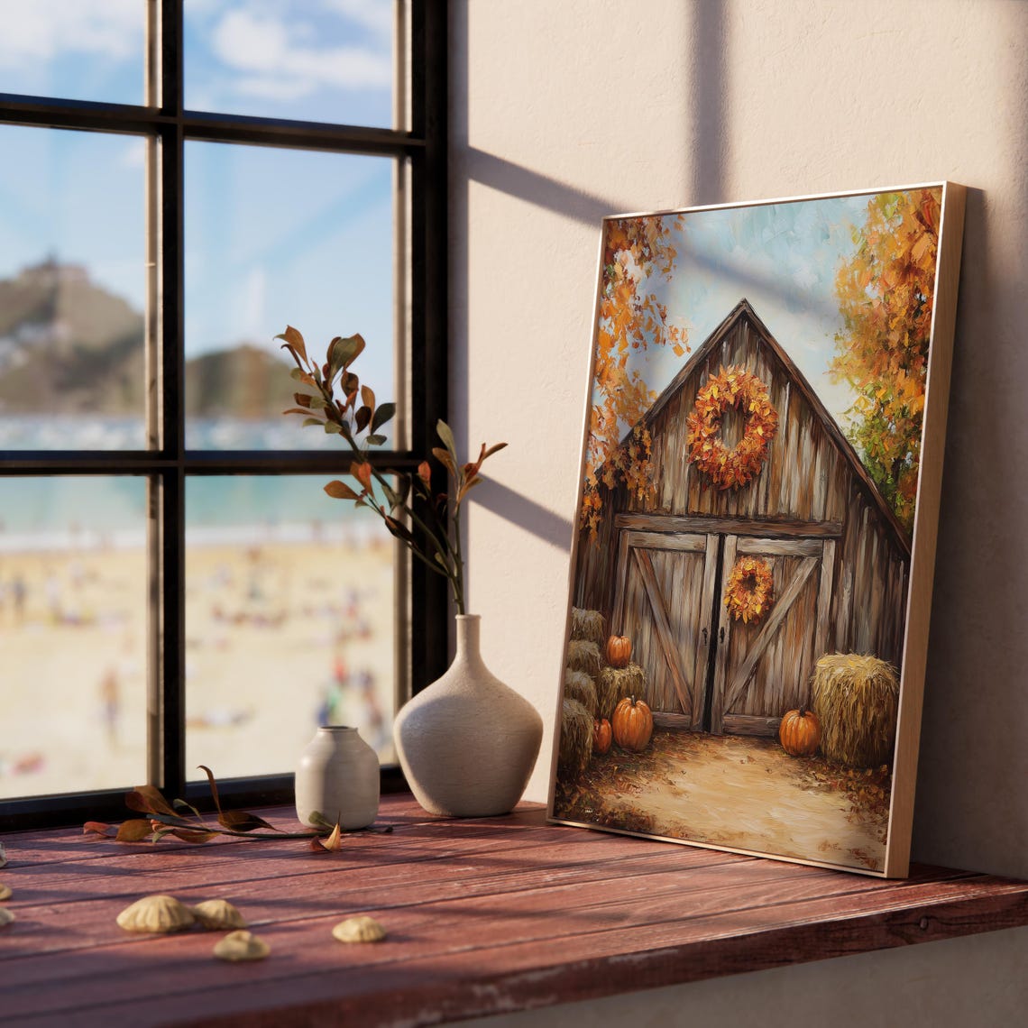 Rustic Barn Fall Wreath Pumpkins Hay Bales Farmhouse Art Poster - Image 5