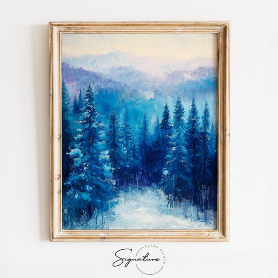Snowy Cedar Forest With Frosty Blue Tones Rustic Winter Wall Art Moody Christmas Landscape Holiday Nature Decor 2424