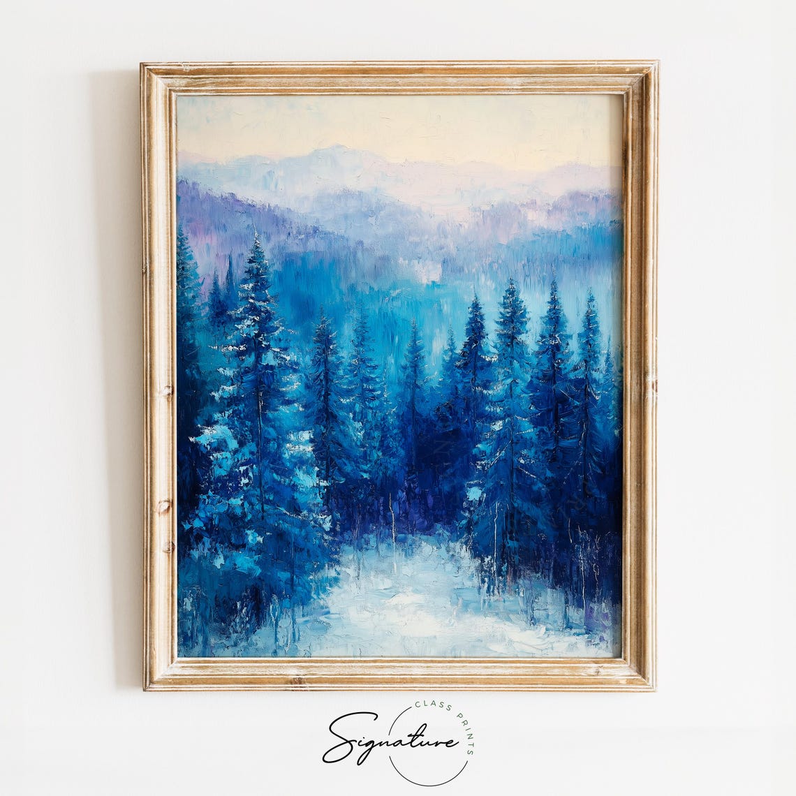 Serene Snowy Cedar Forest With Frosty Blue Tones Winter Art Poster