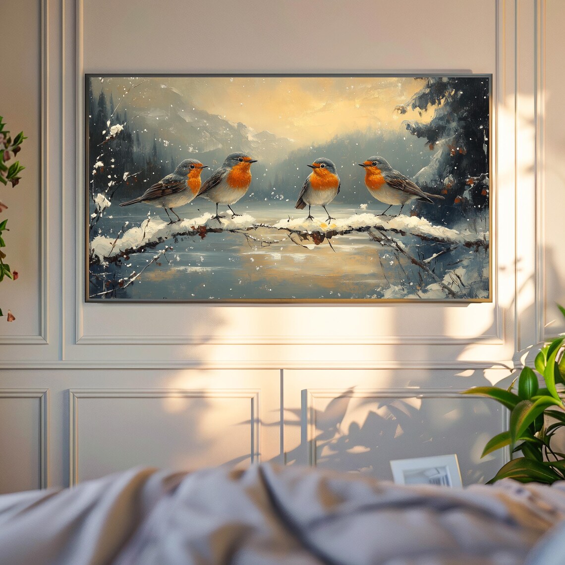 Winter Robin Quartet Perched On Snowy Branch Misty Mountain Sunset Art Poster - Image 4