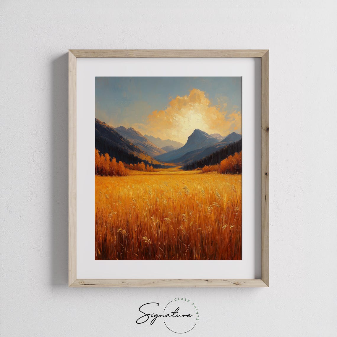 Golden Grass Meadow At Sunset Between Majestic Blue Mountains Poster - Image 3
