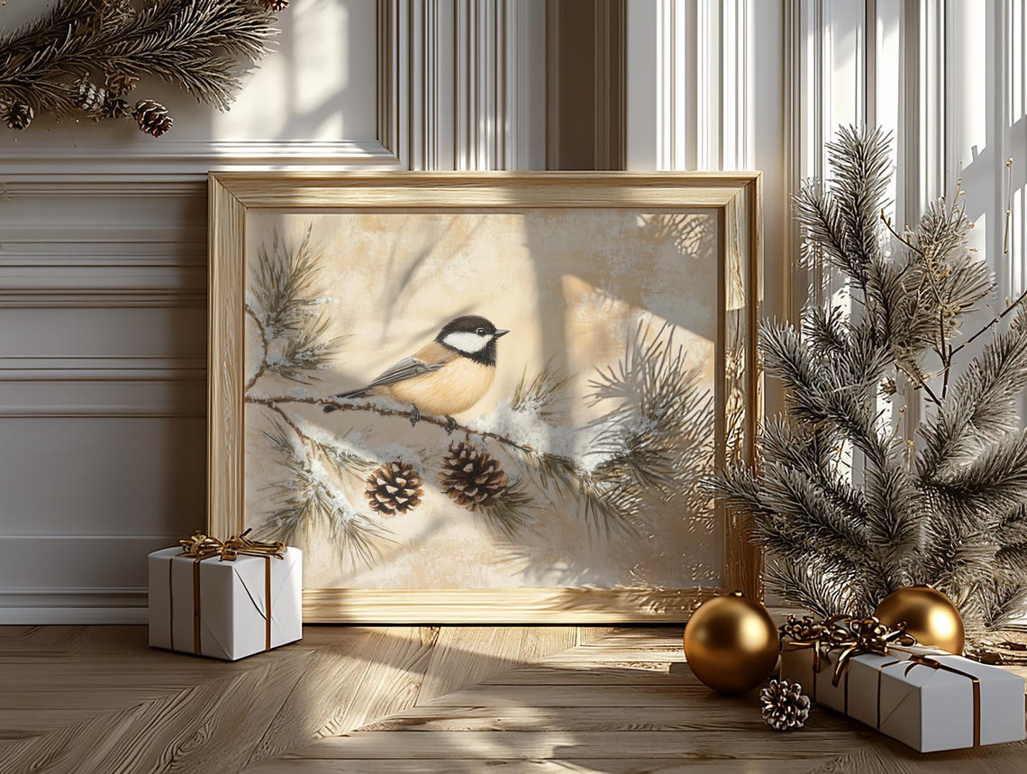 Carolina Chickadee on Snowy Pine Branch With Cones Bird Poster - Image 6