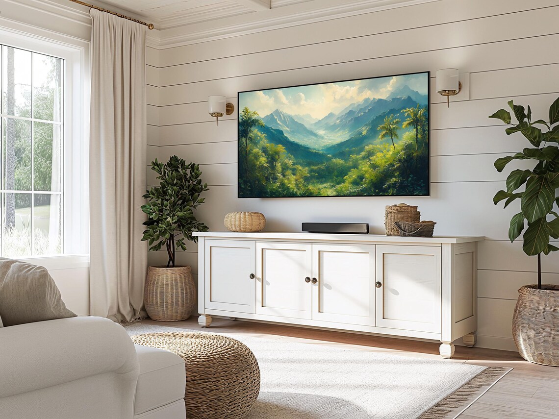 Lush Tropical Green Mountain Valley Palm Trees Misty Peaks Wall Art - Image 5