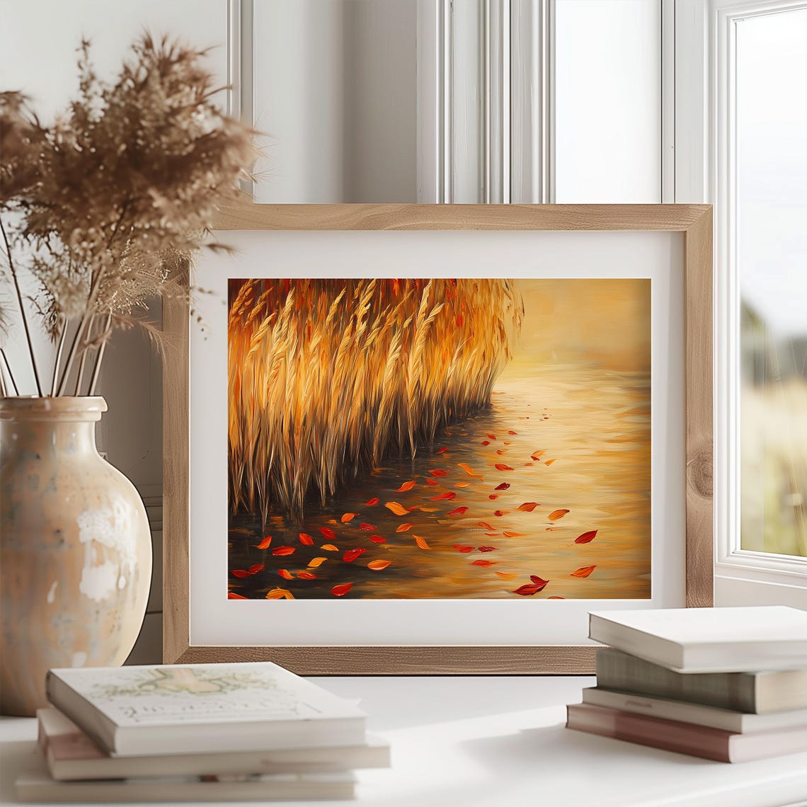 Golden Autumn Reeds By The Water With Floating Leaves Lakeside Poster - Image 2