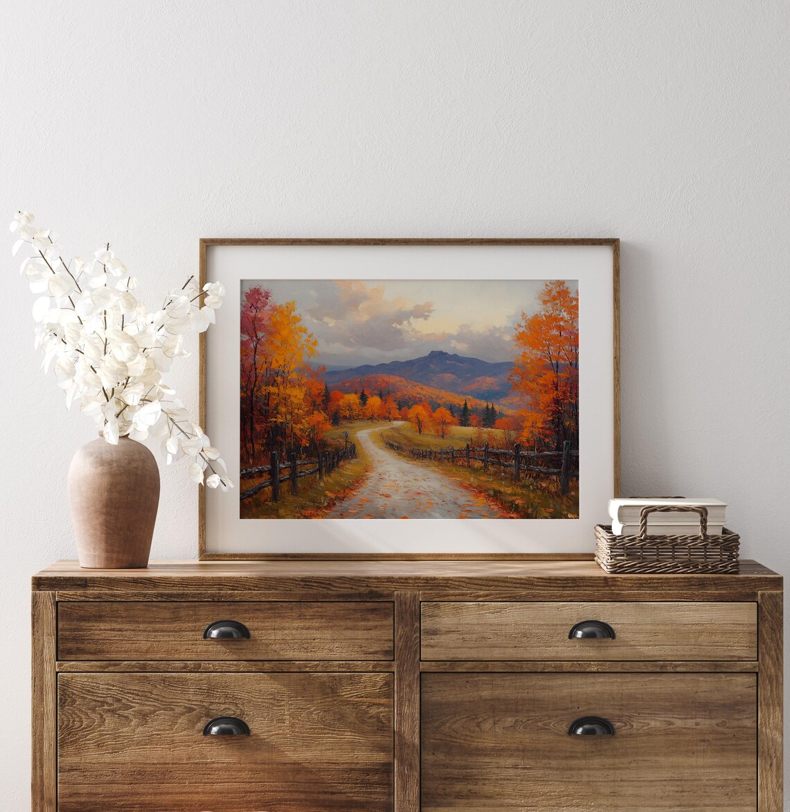 Wooden Fence Country Road Autumn Forest Mountain View Landscape Print - Image 3