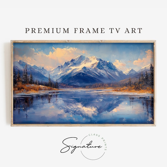 Snowy Peaks Reflected In Lake At Warm Autumn Dawn Mountain Art Poster