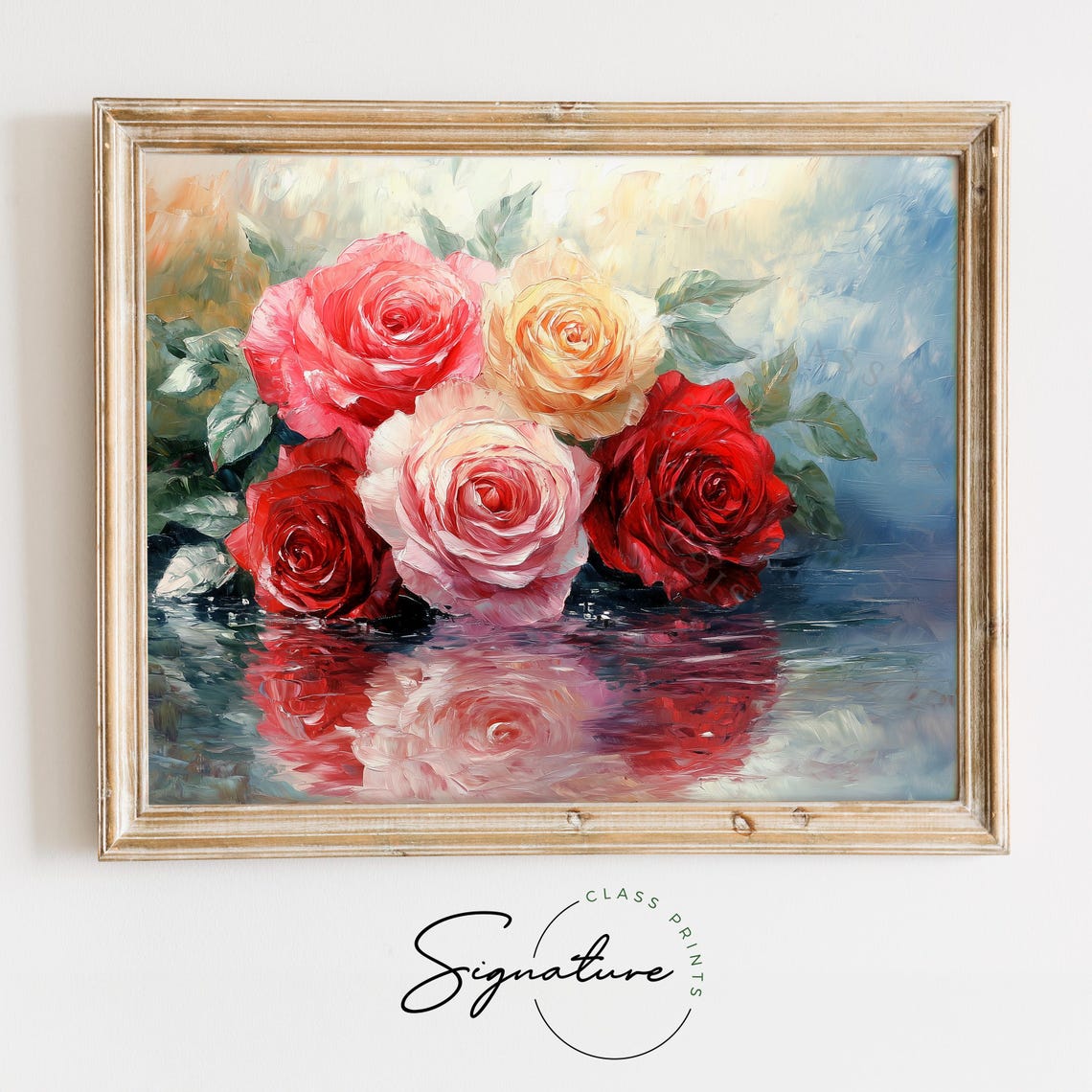 Red Pink Roses Reflection Painting Romantic Floral Wall Art Poster