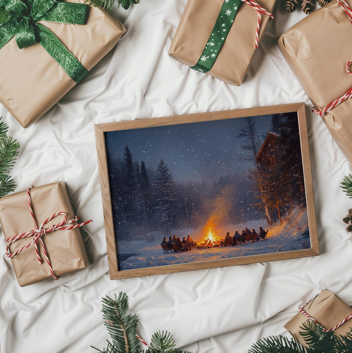 Friends Gathered Around Bonfire in Snowy Night Forest Cozy Art Poster - Image 2