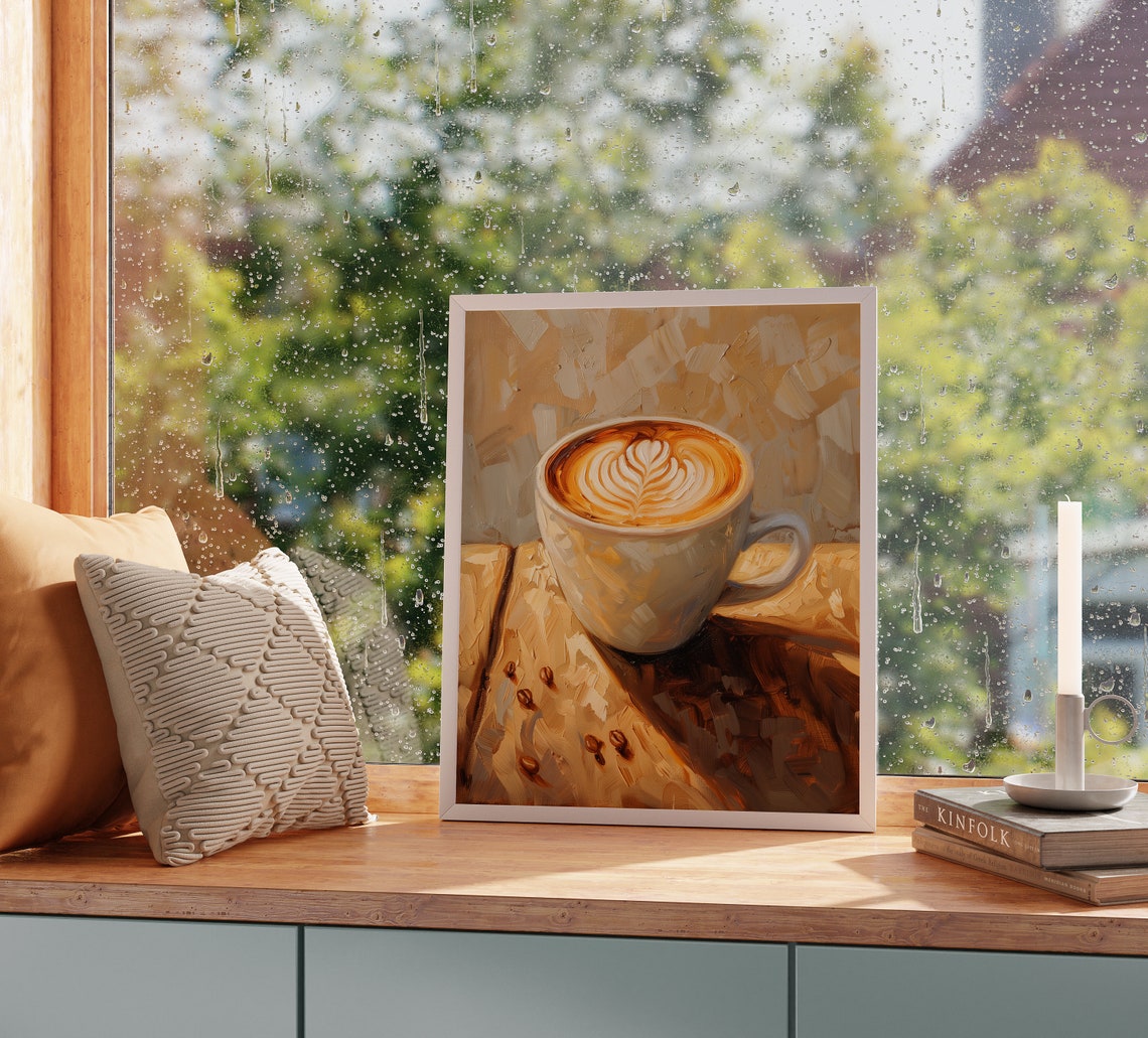 Latte With Leaf Foam Art Cozy Coffee Cup Kitchen Painting Poster - Image 2