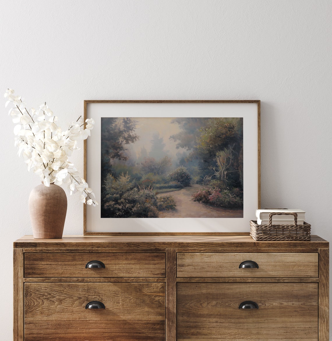 Misty Garden Path with Flowering Bushes Dreamy Impressionist Poster - Image 3