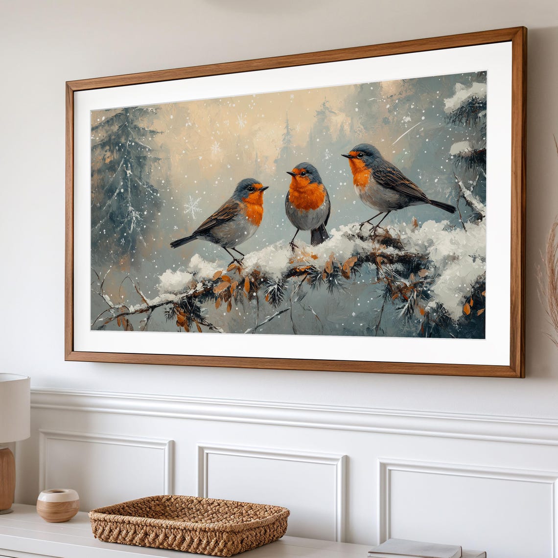 Robin Trio On Snowy Pine Branch In Gentle Snowfall Winter Art Poster - Image 2