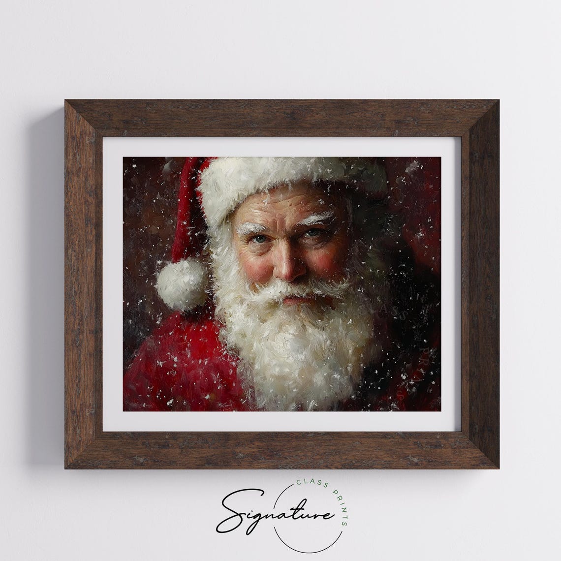 Santa Claus Close Up Portrait Falling Snow Red Background Poster - Image 5