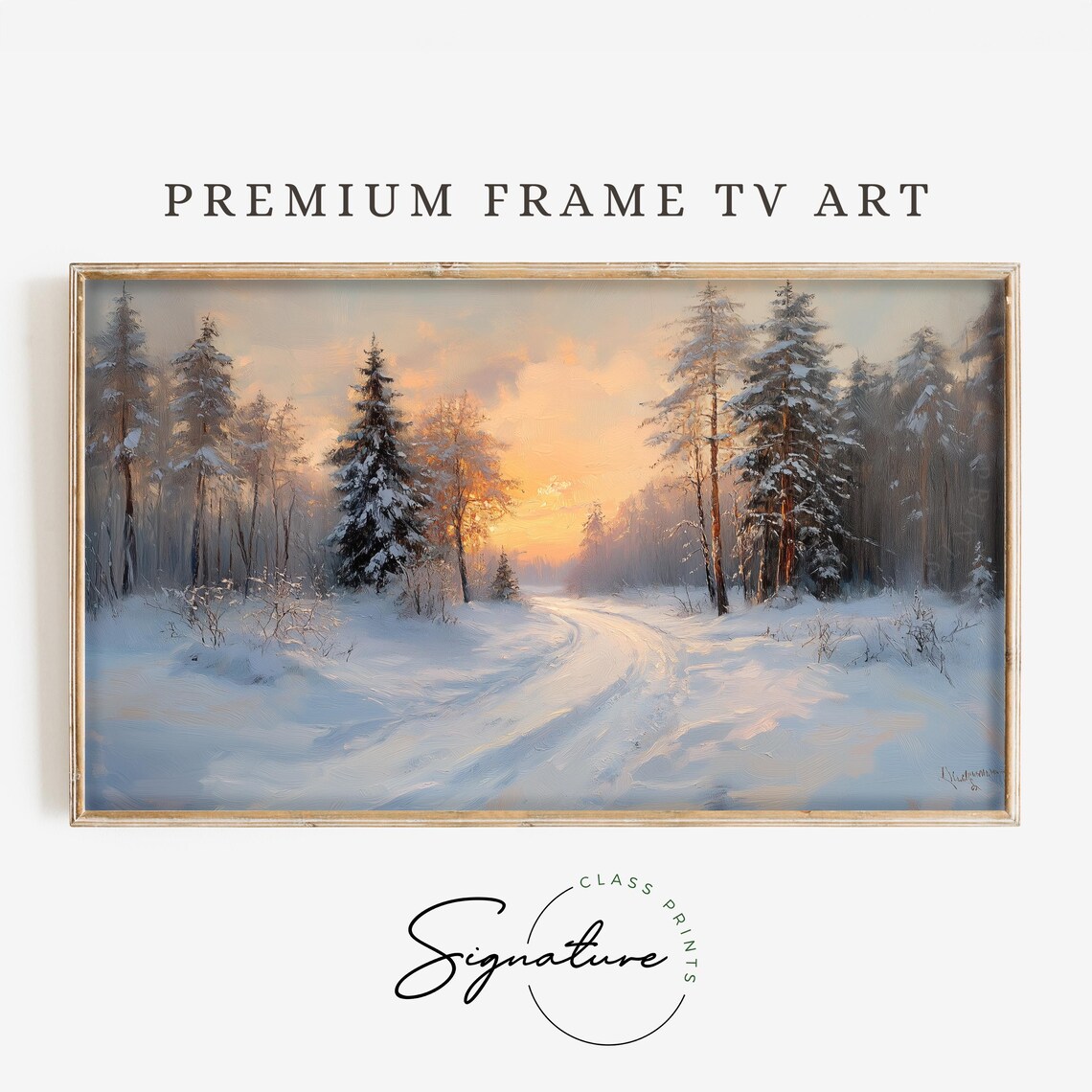 Snowy Pine Forest Road At Golden Winter Sunset Moody Landscape Art Poster