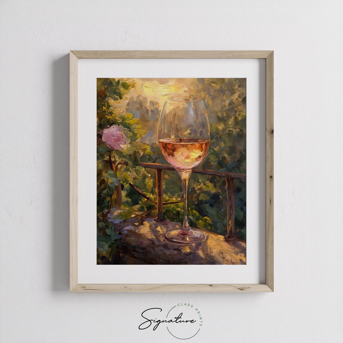 Rose Wine Glass Garden Roses Golden Sunset Balcony Stone Wall Oil Poster - Image 3