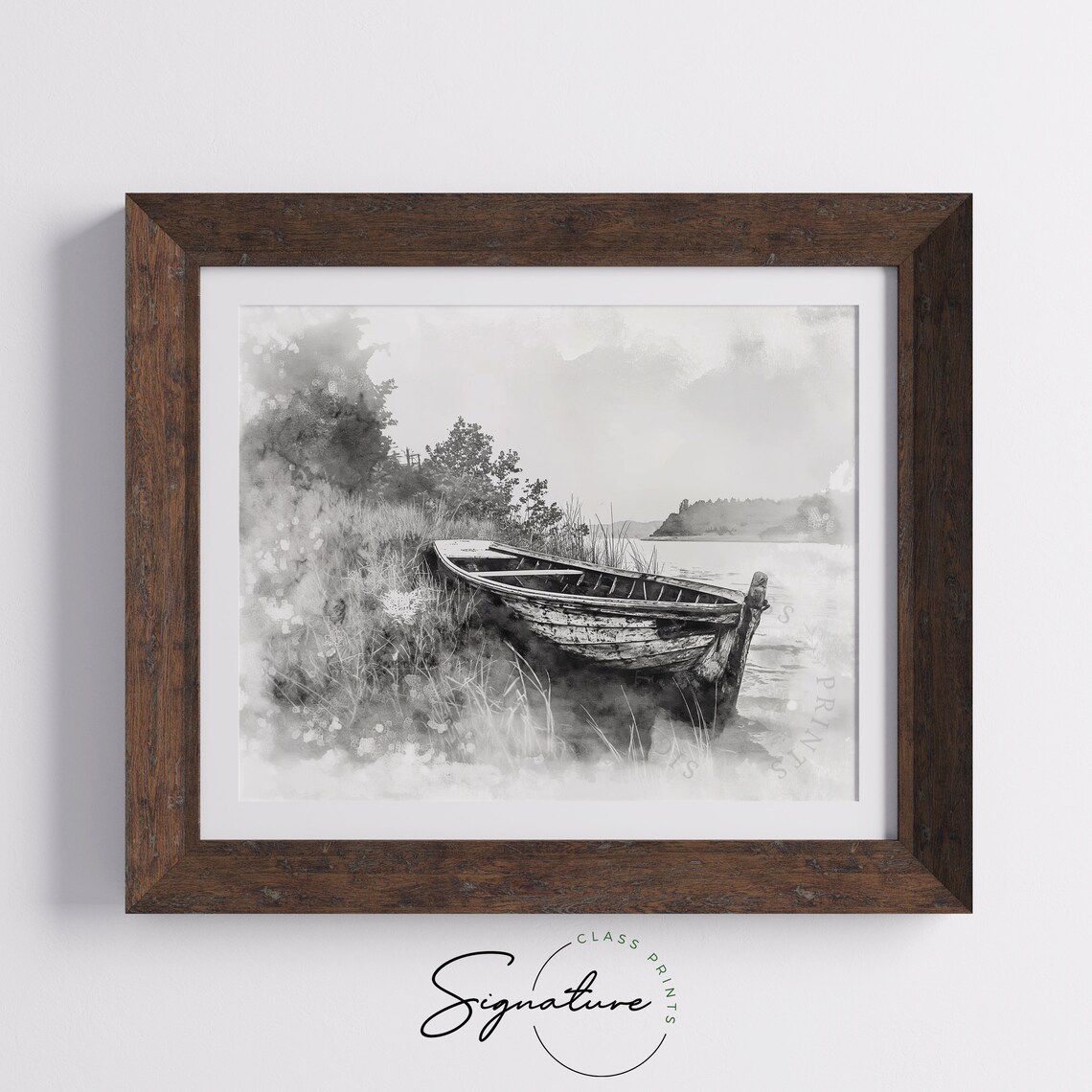 Abandoned Wooden Boat In Misty Reeds Riverbank Watercolor Art Poster - Image 5
