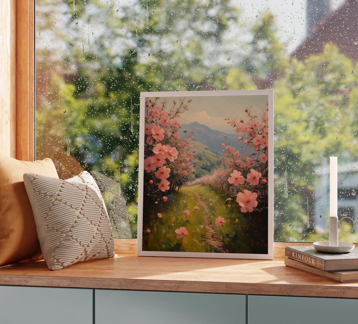Lush Spring Meadow Cherry Blossoms With Mountain View Romantic Poster - Image 5