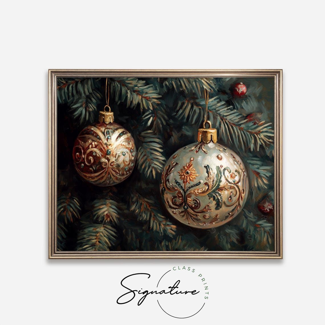 Copper And Sage Ornate Christmas Ornaments On Pine Branch Poster - Image 4